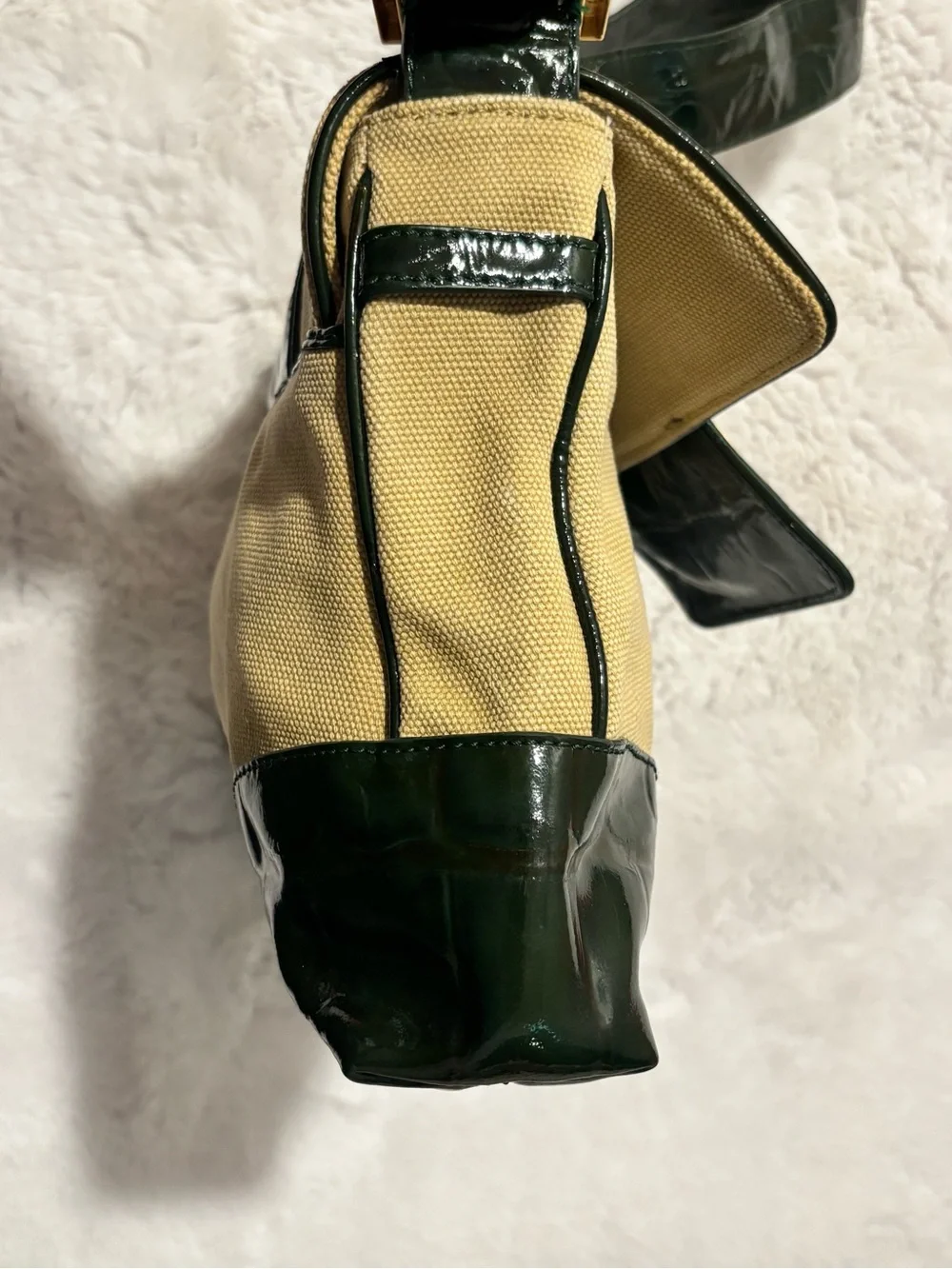 Tory Burch Vintage Baguette Shoulder Bag Khaki Canvas Dark Green Patent 11099828